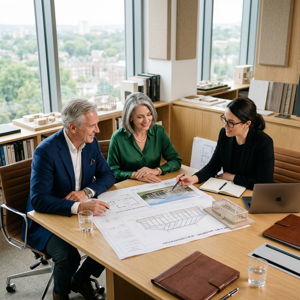 Paar bespricht Planungsunterlagen mit Architekten